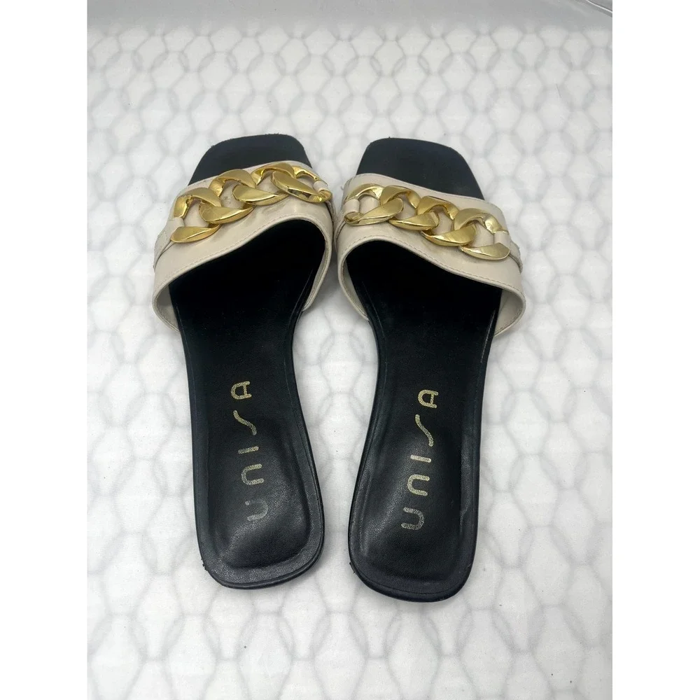 UNISA Women's Slide 8M Beige Gold Chain Faux Leather Square Toe Slip On Sandal